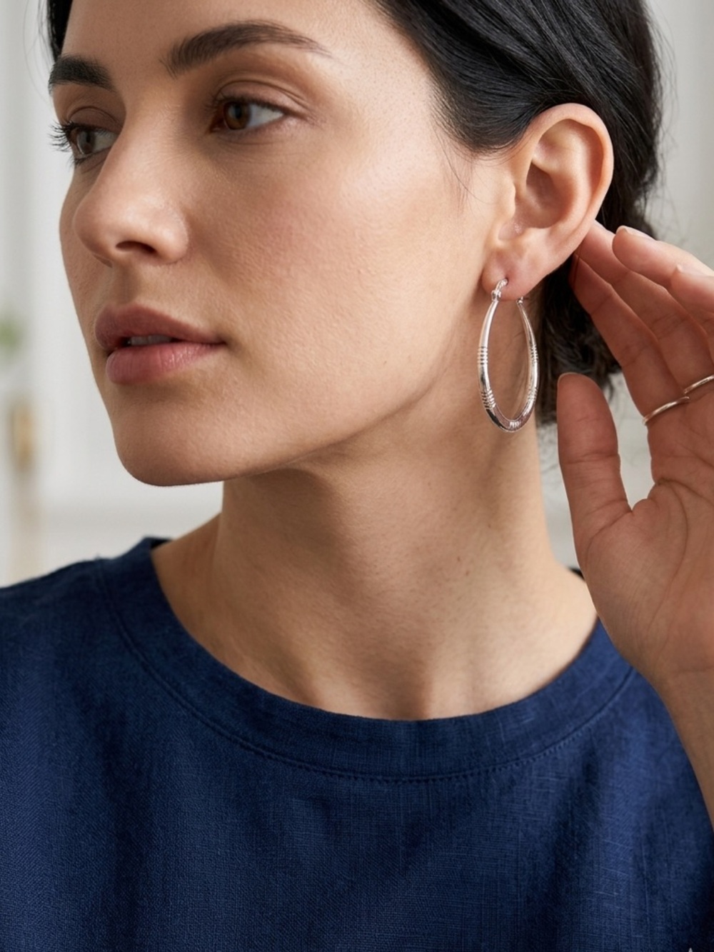 925 Sterling Silver Textured Oval Hoop Earrings | 2” Drop